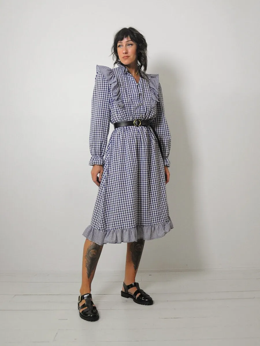 1970's Navy Gingham Ruffle Dress