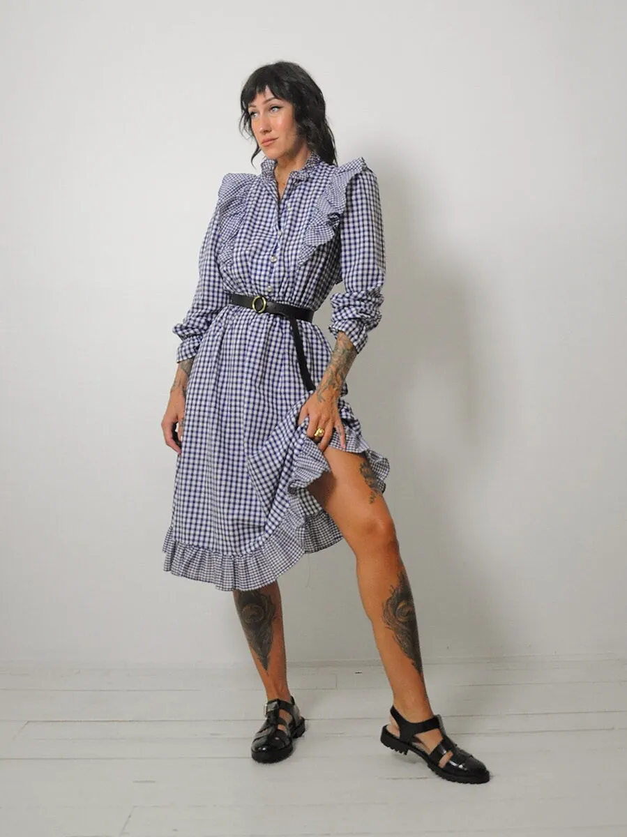 1970's Navy Gingham Ruffle Dress