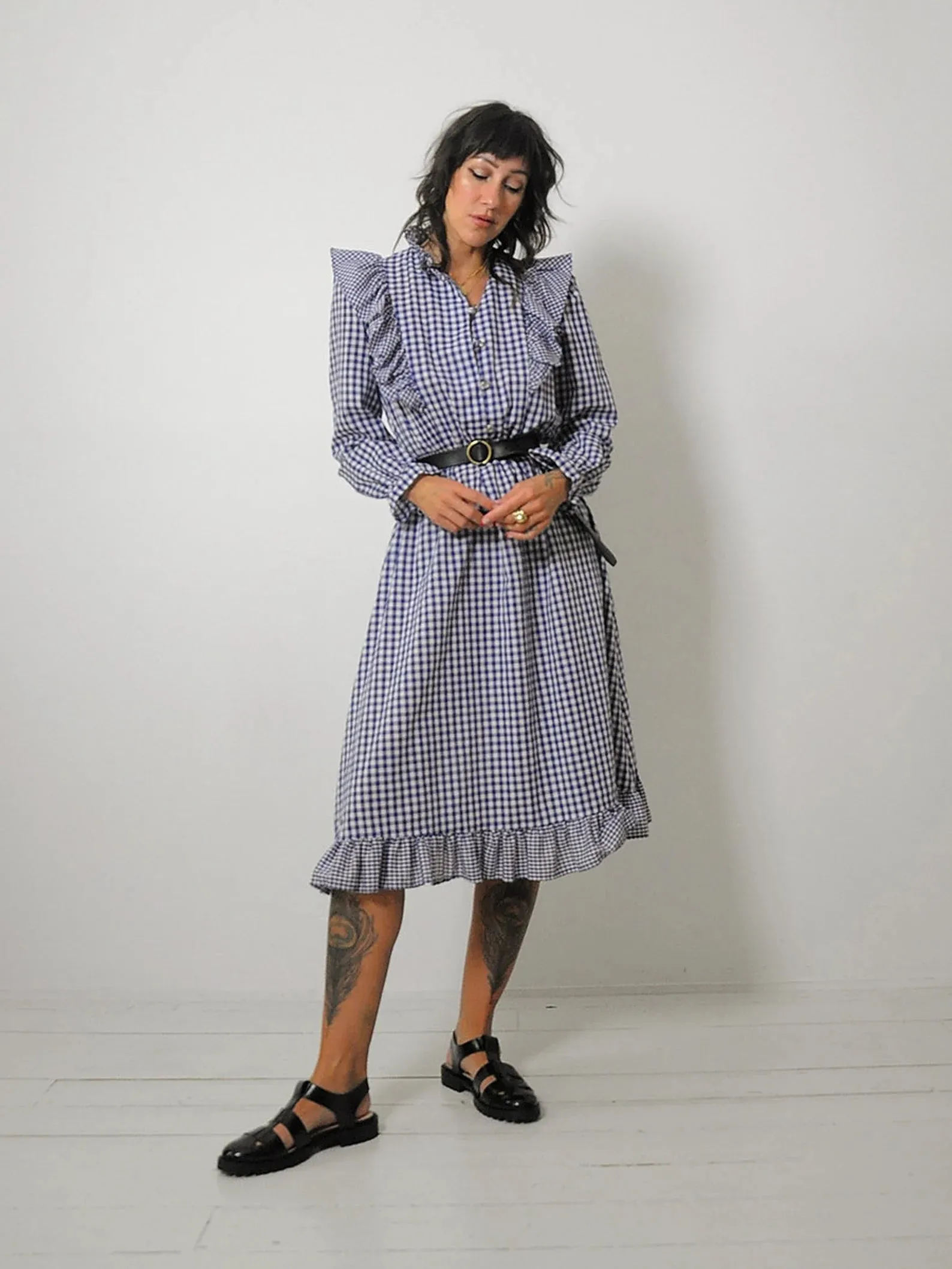 1970's Navy Gingham Ruffle Dress