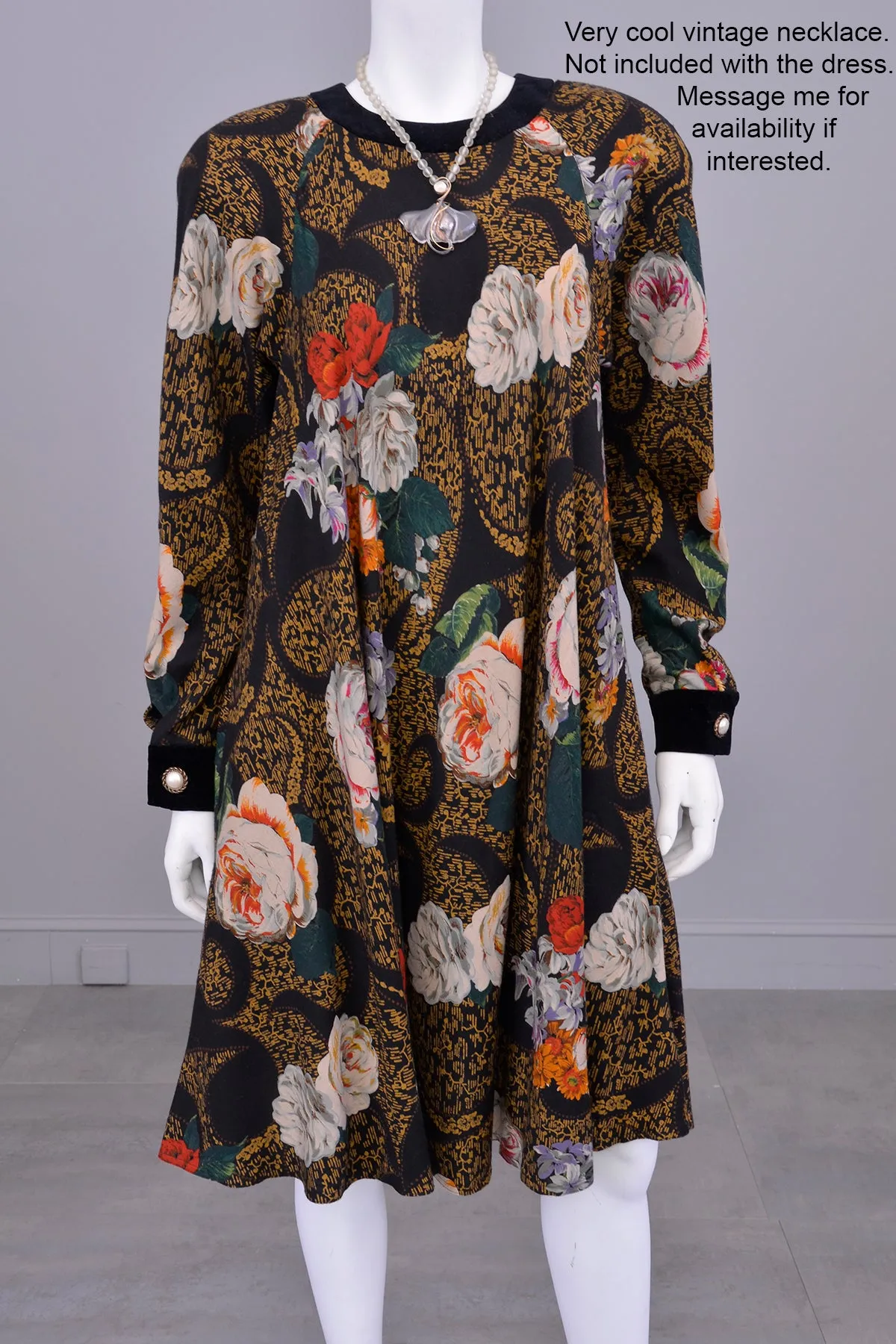 1980s Painterly Rose Print Trapeze Dress by Donna Morgan for Leslie Fay