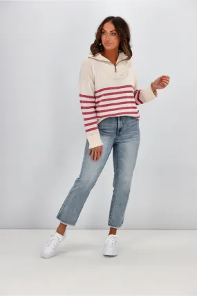 Alpine by Shine On Rhianna Quarter Zip Striped Merino Jumper Oatmeal w Rose