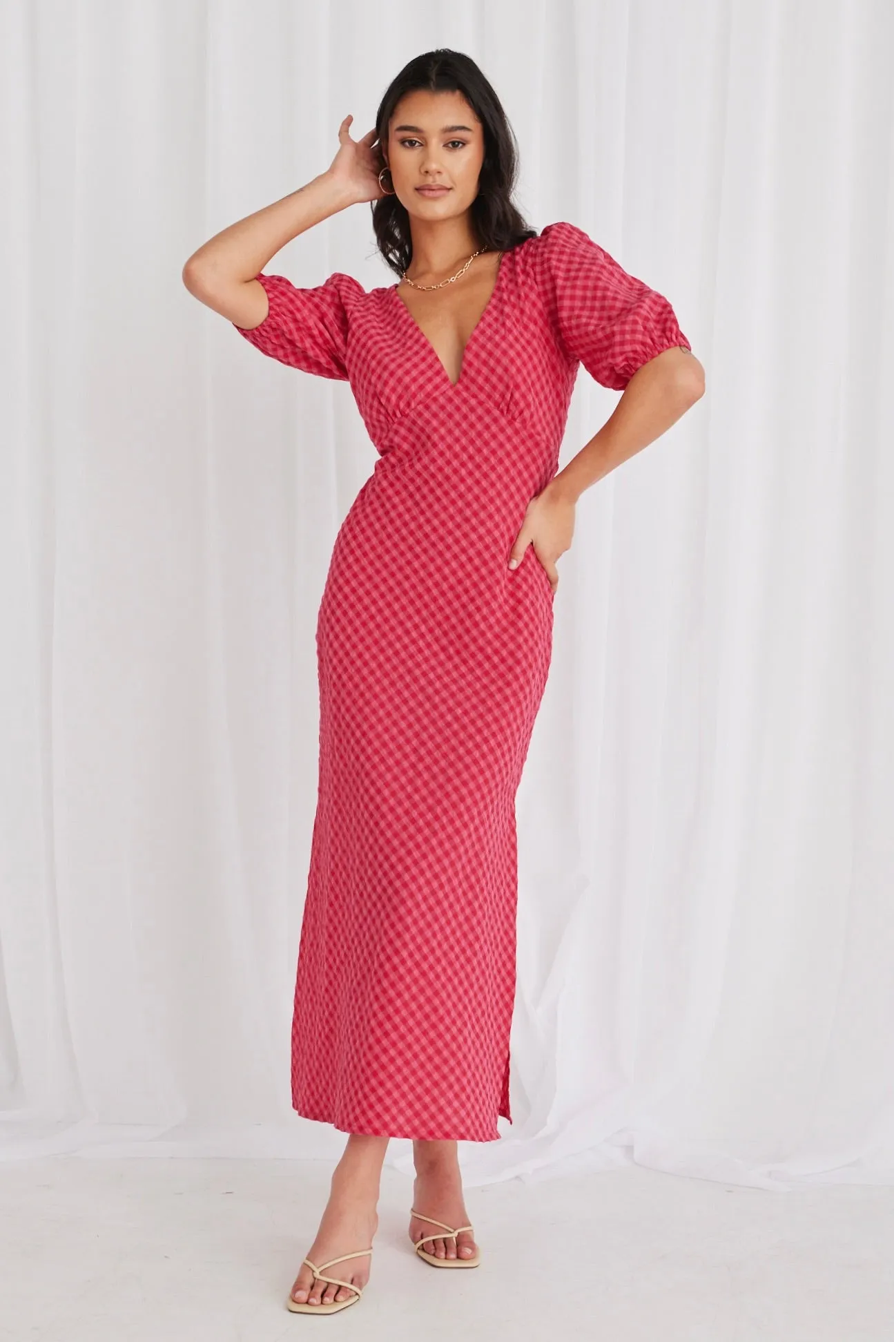 Amora Raspberry Gingham SS Bias Midi Dress