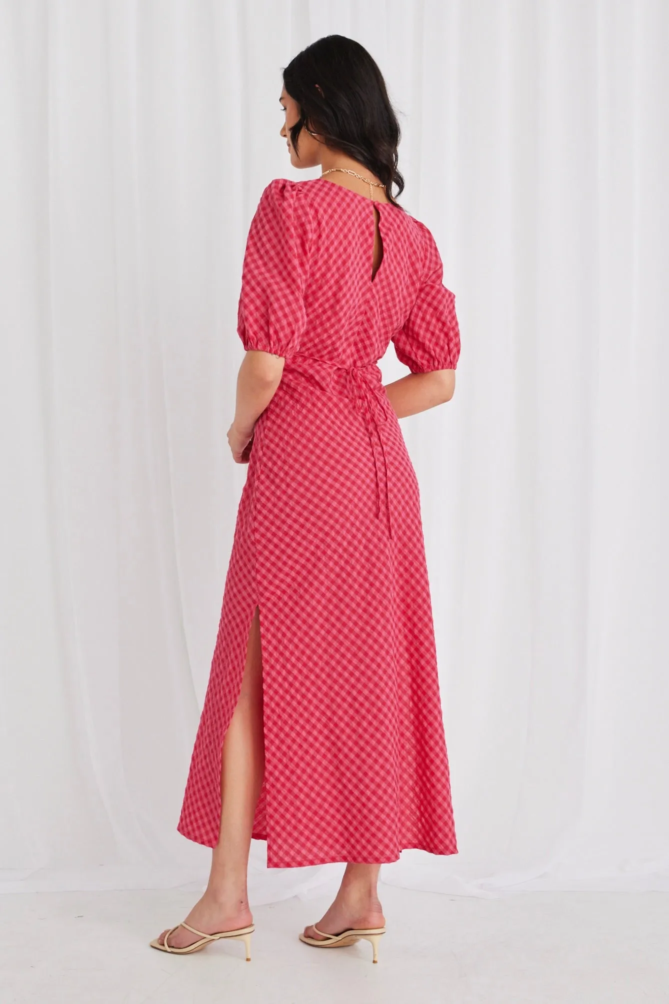 Amora Raspberry Gingham SS Bias Midi Dress