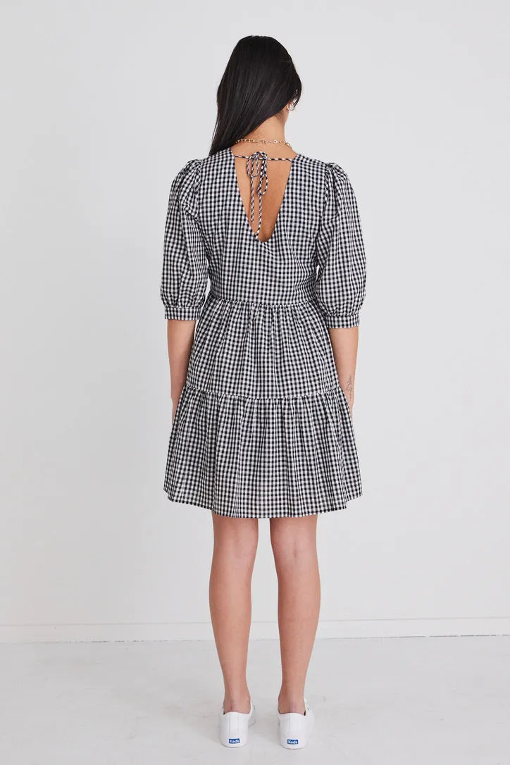 Anytime Black Gingham Tie Back Ss Puff Sleeve Tiered Mini Dress