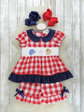 Baseball Gingham Smocked Ruffle Outfit