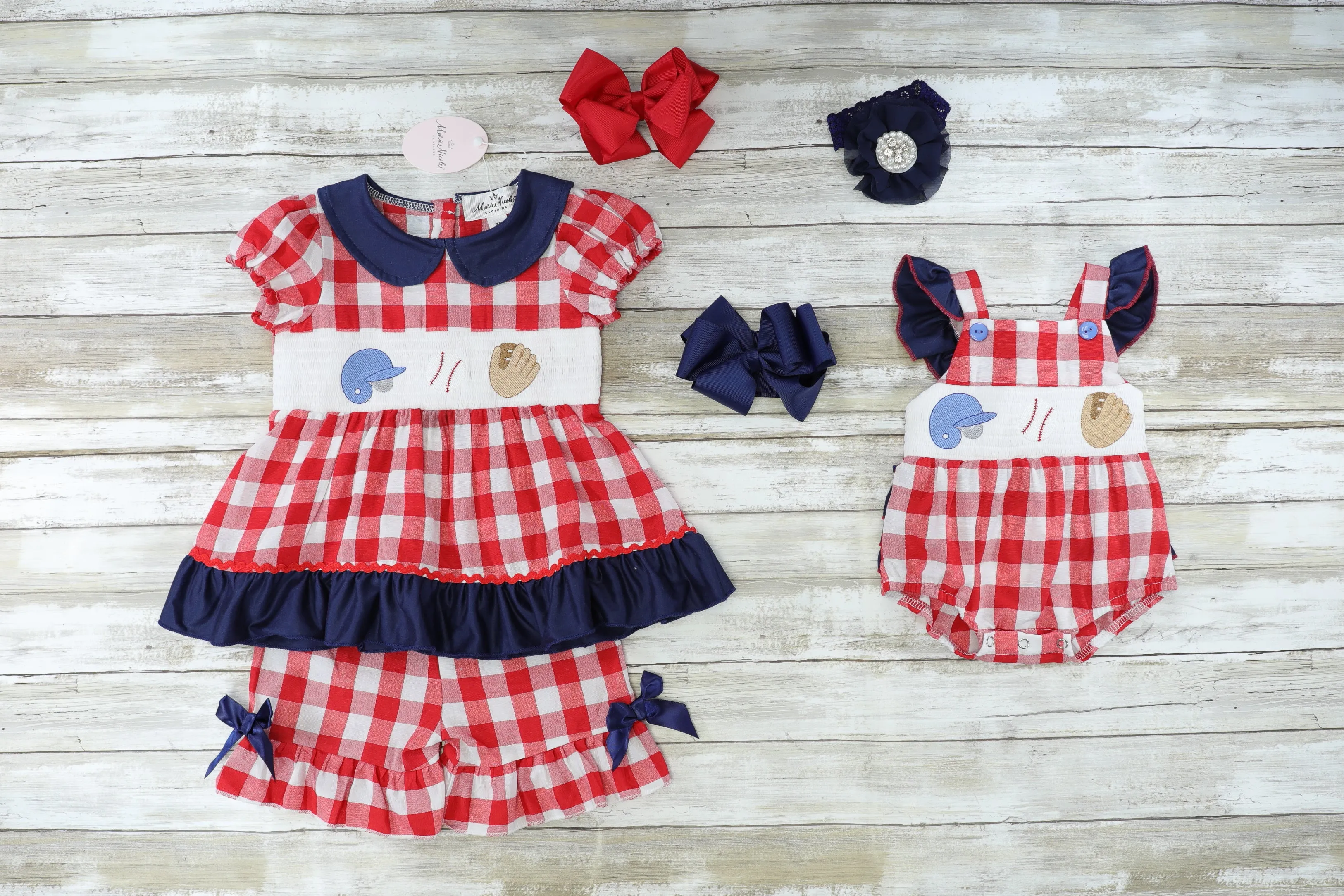 Baseball Gingham Smocked Ruffle Outfit