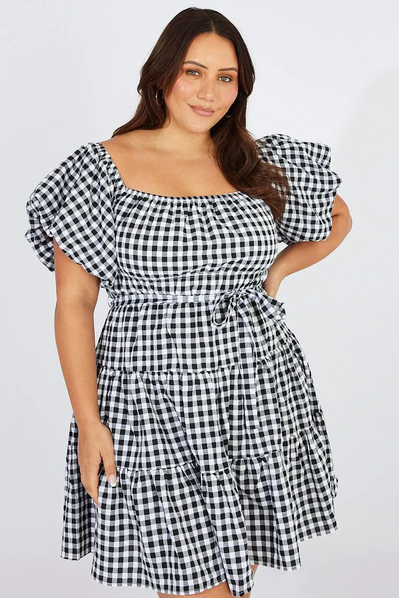 Black Check Off Shoulder Gingham Skater Dress