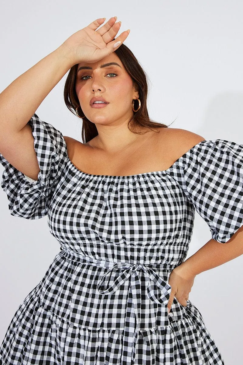 Black Check Off Shoulder Gingham Skater Dress