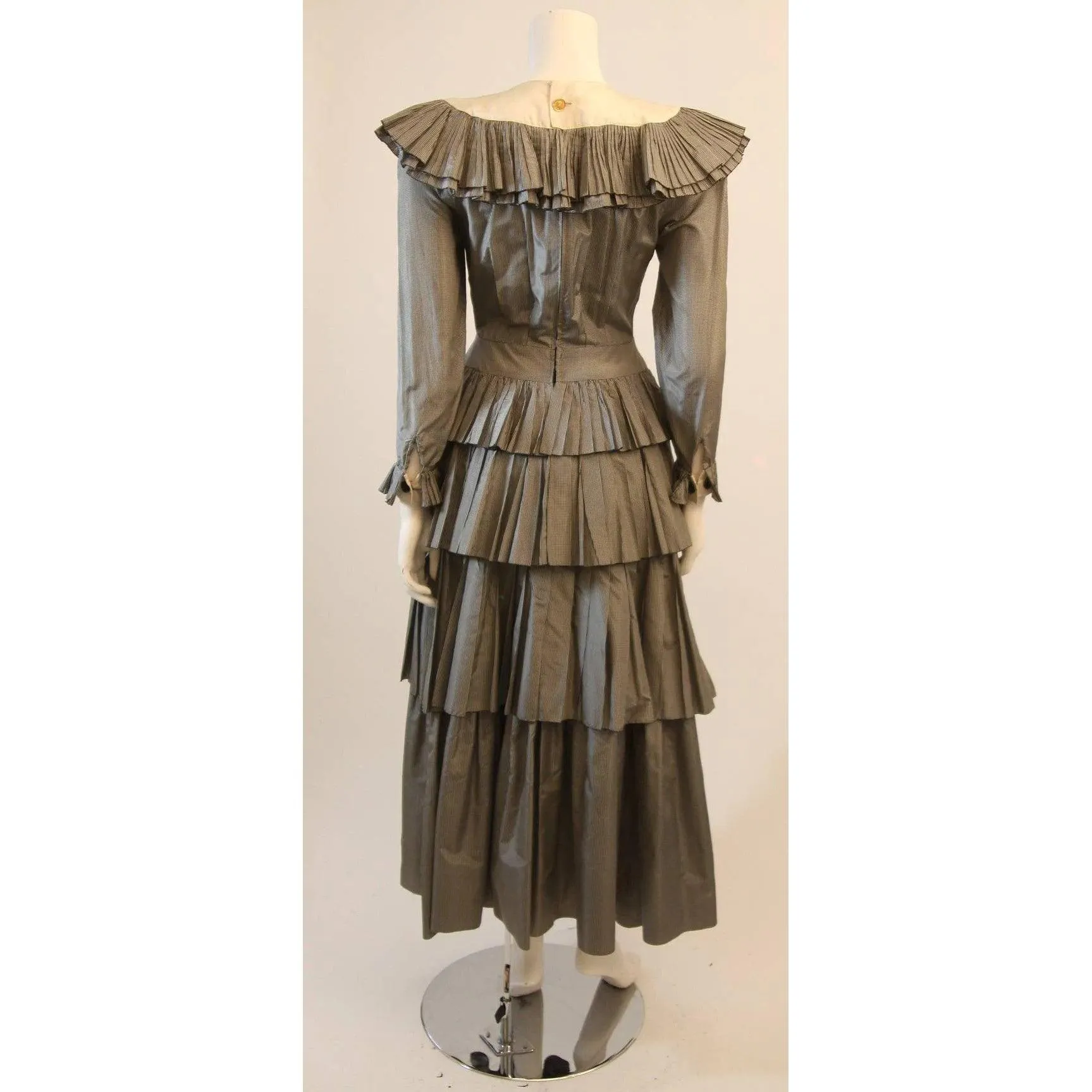 CHANEL Edwardian Tiered Ruffle Gingham Gown with Black Bow | Size XS