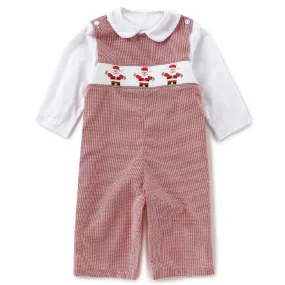 EDGEHILL COLLECTION Infant CHRISTMAS Red Gingham Overall Smocked w/ Santa