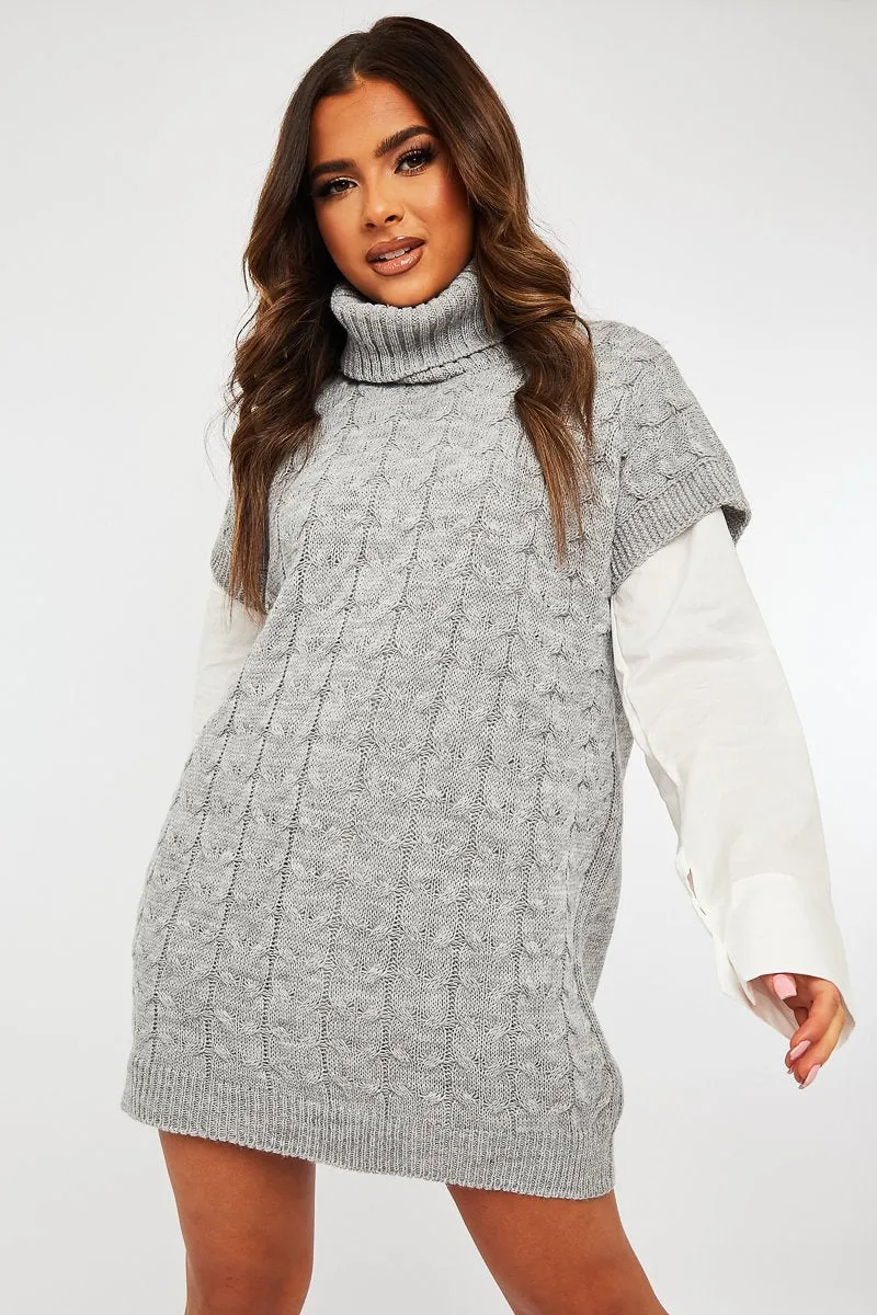 Grey Roll Neck Cable Knit Vest - Emira