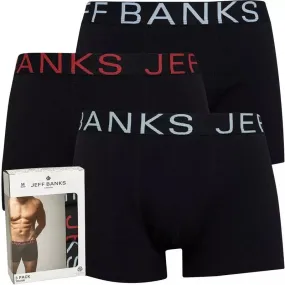 Jeff Banks Men's 3 Pack Black Cotton Fashion Trunks - Black with Coloured Waistbands