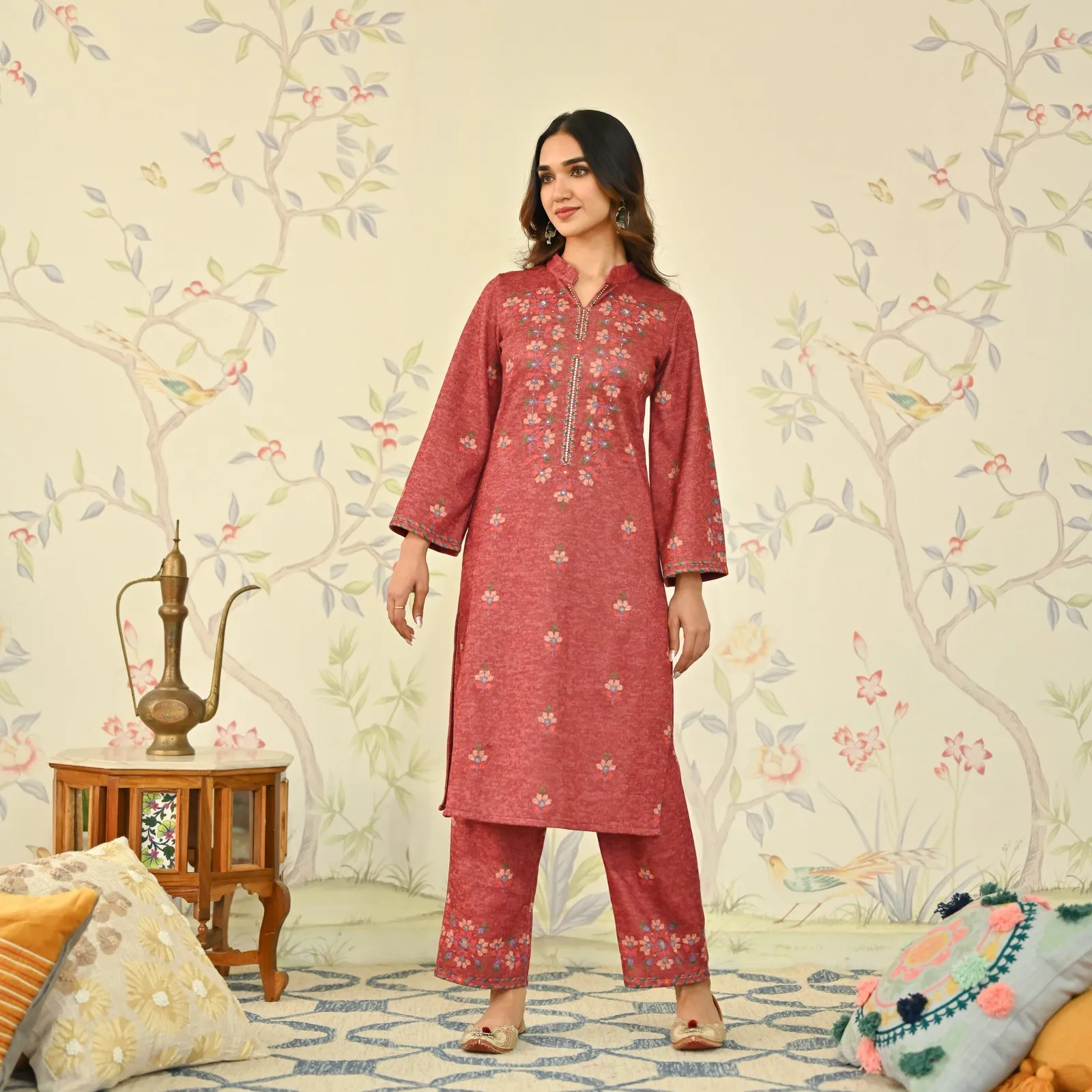 Maroon Geometric Floral Woollen Kurta with Embroidery Detail