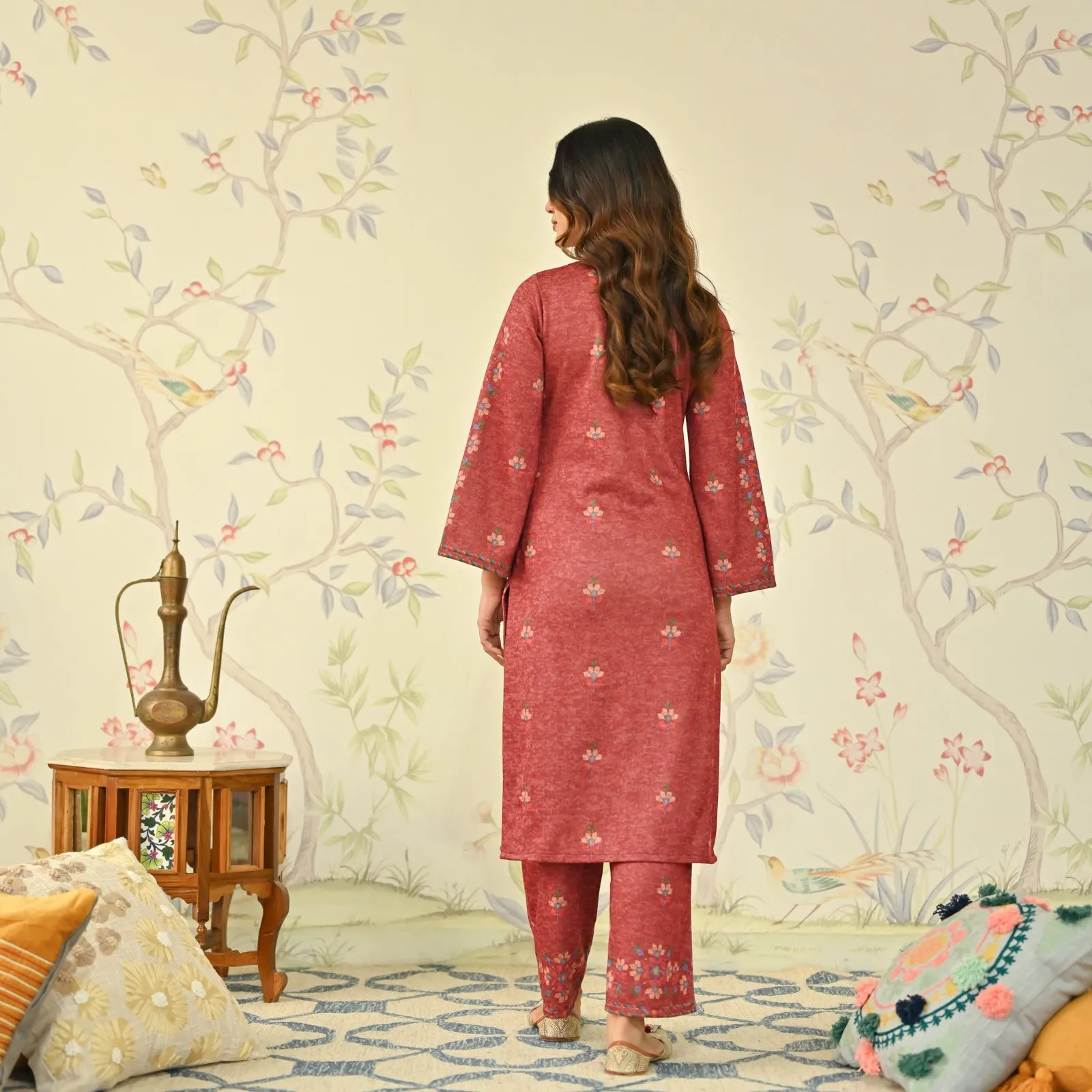 Maroon Geometric Floral Woollen Kurta with Embroidery Detail