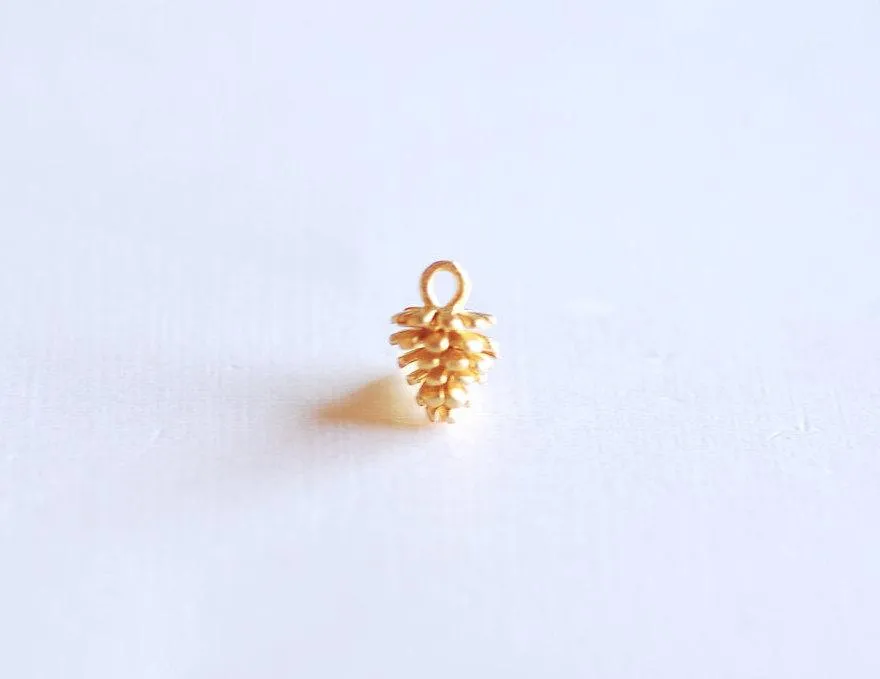 Matte Vermeil Wholesale Gold Pinecone Charm- 18k gold over Sterling Silver Pine Cone Pendant, Small Conifer Tree Charm, Nature Forest Woodland, 290