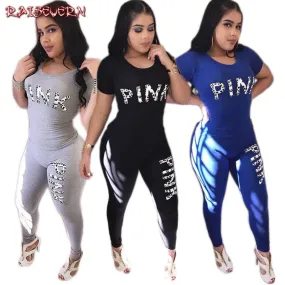 RAISEVERN Pink Women Tracksuit Letters Print Top and Long Pants 2 Piece Set Female Casual Pants Suits Set Summer Outfits 2019