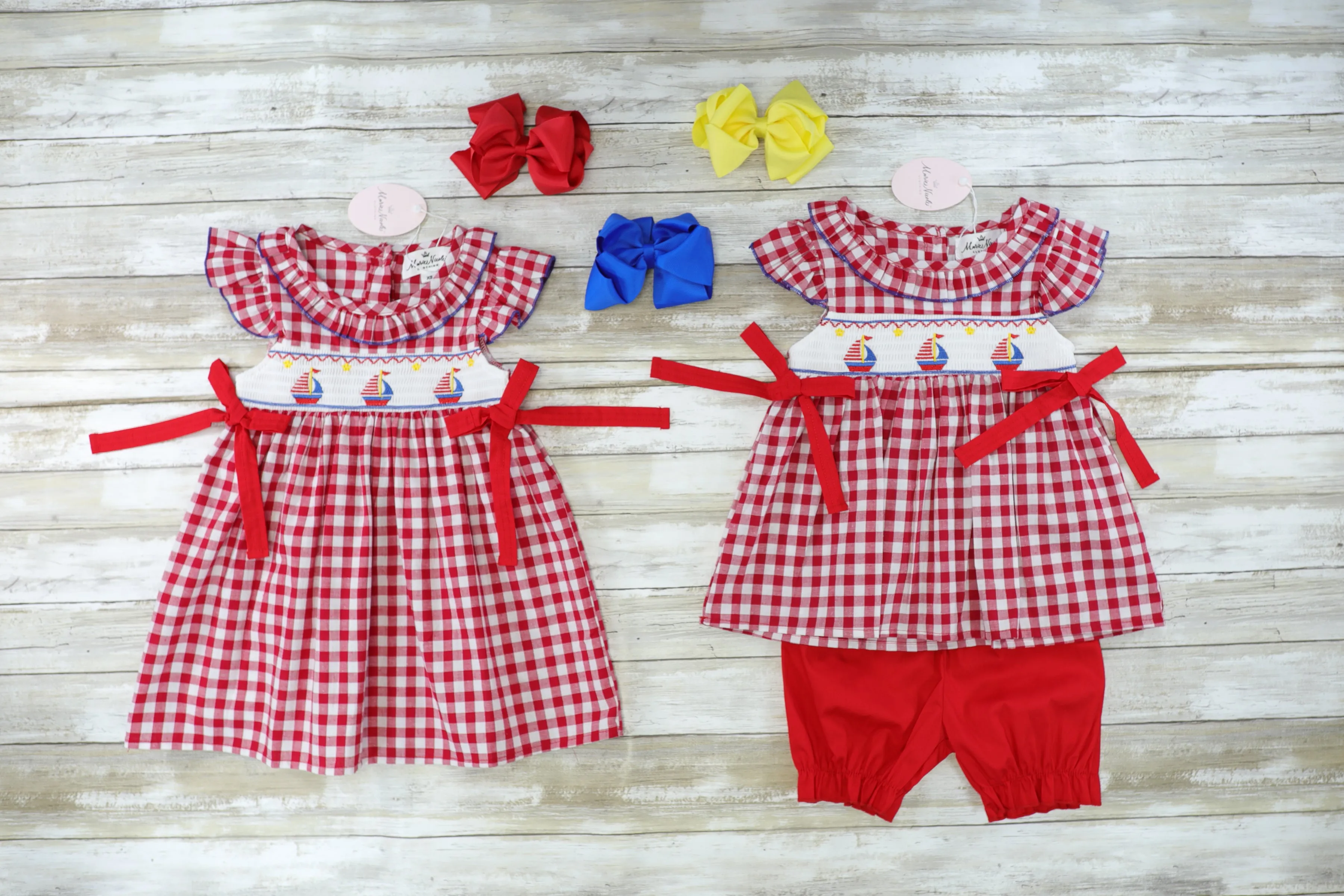 Red Check Smocked Sailboat Outfit