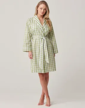 Women's Crisp Cotton Mid-Length Dressing Gown – Field Green Gingham