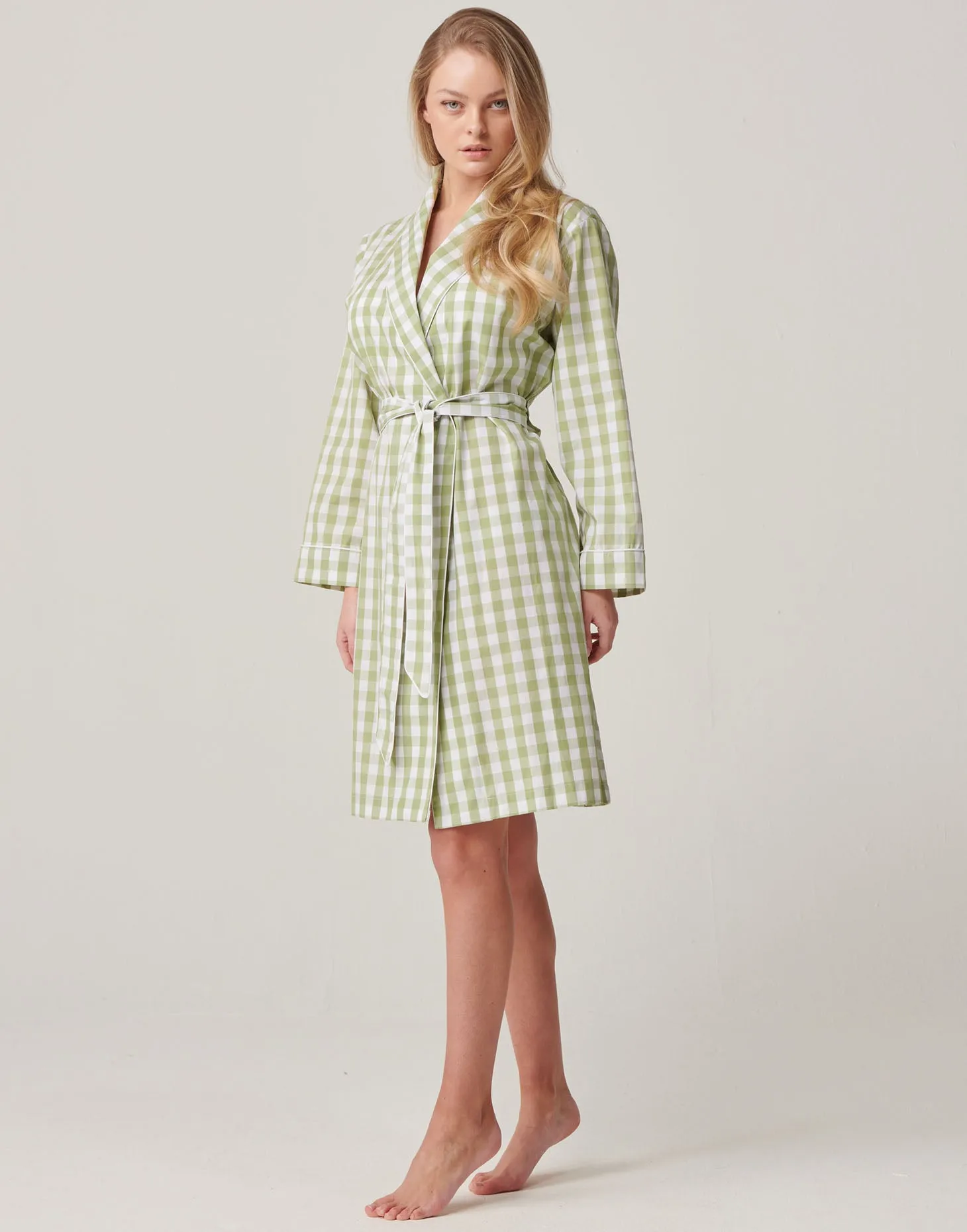 Women's Crisp Cotton Mid-Length Dressing Gown – Field Green Gingham