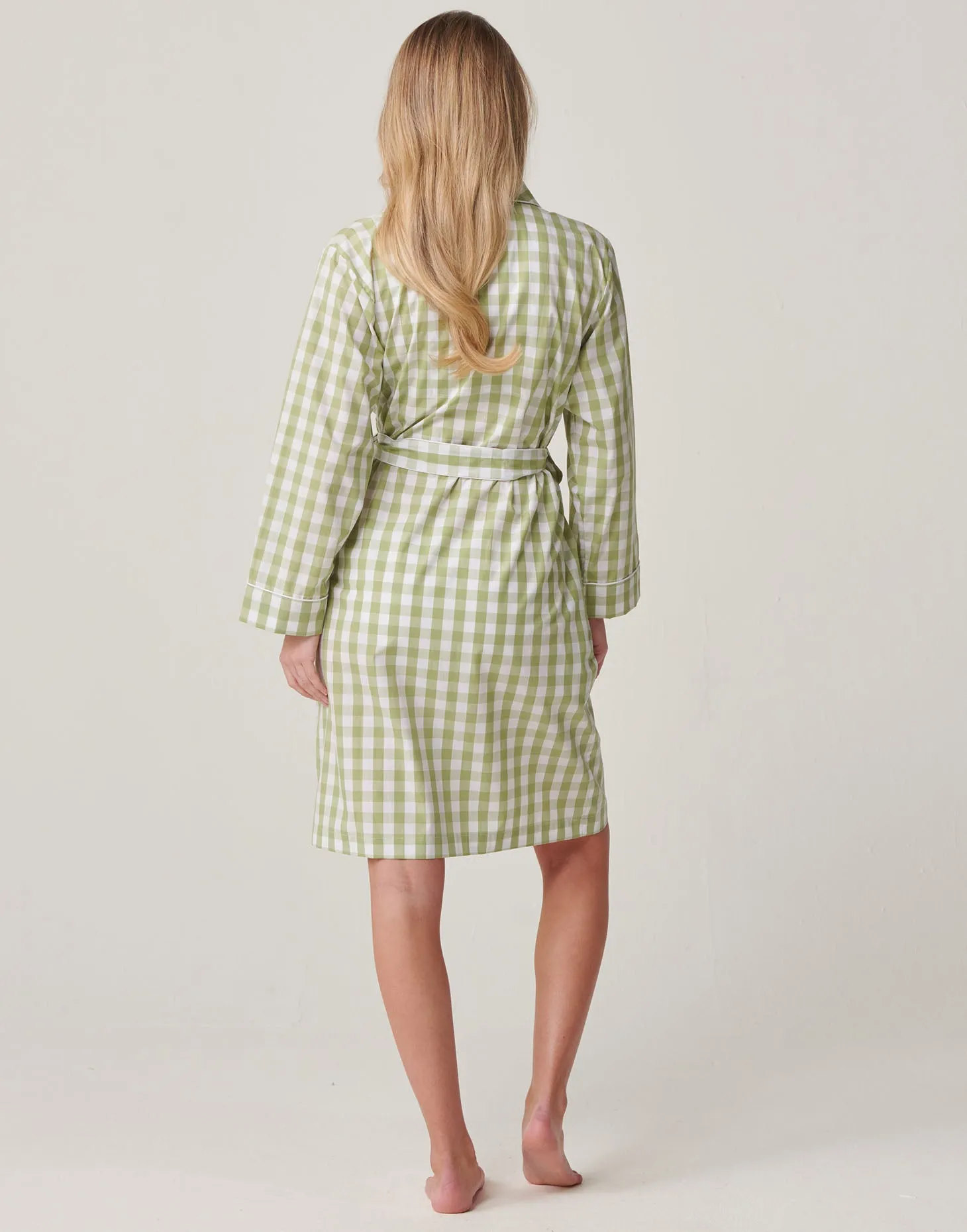 Women's Crisp Cotton Mid-Length Dressing Gown – Field Green Gingham